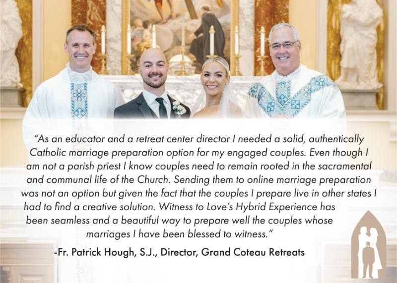 A husband and wife standing with their Priests after completing the Hybrid Marriage Prep for Catholic Couples