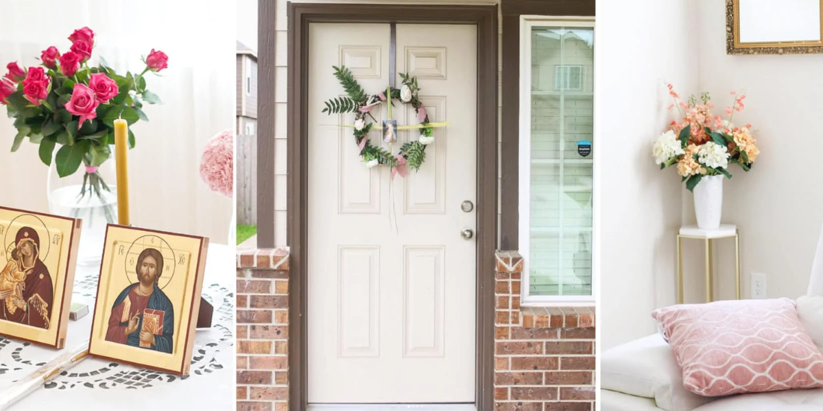 A collage of three images. The one on the left and right are of potted flowers and the one in the middle is a picture of the front door of a home